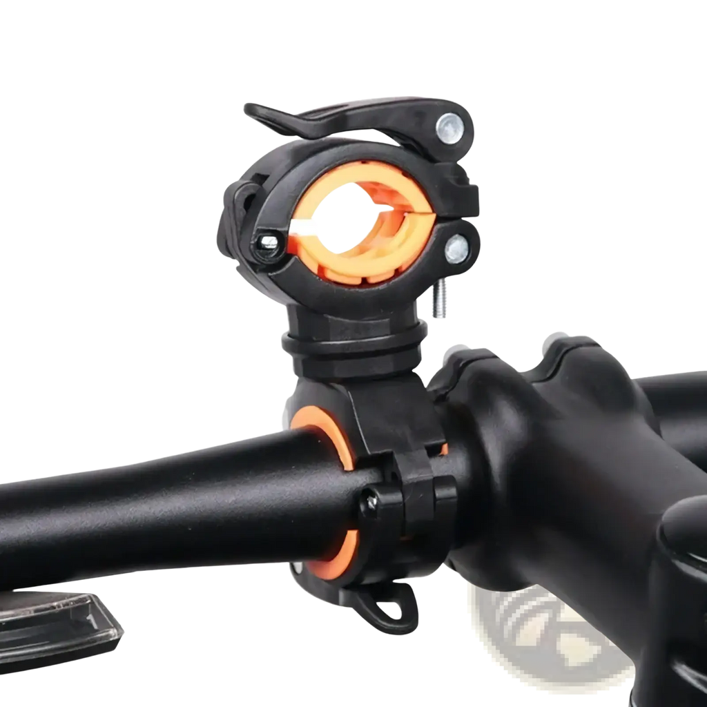 Rotatable bicycle flashlight mount holder in black and orange with adjustable clamps for secure handlebar attachment
