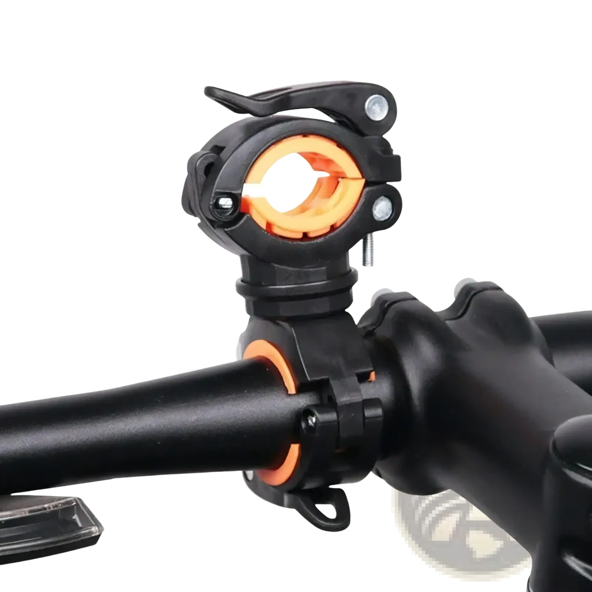 Rotatable bicycle flashlight mount holder in black and orange with adjustable clamps for secure handlebar attachment