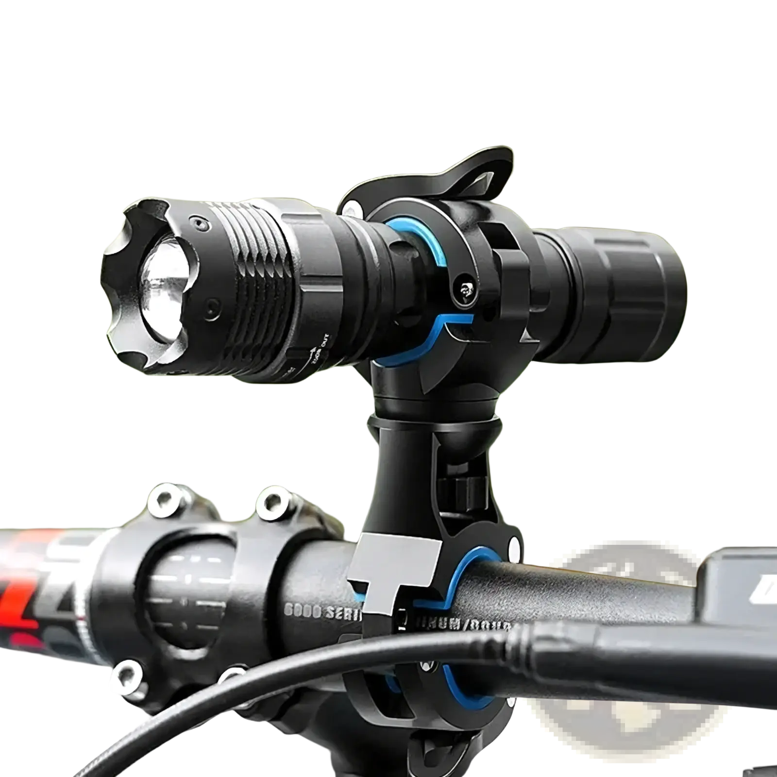 Rotatable bicycle flashlight mount holder with black tactical led light blue accent rings and textured grip on handlebar clamp