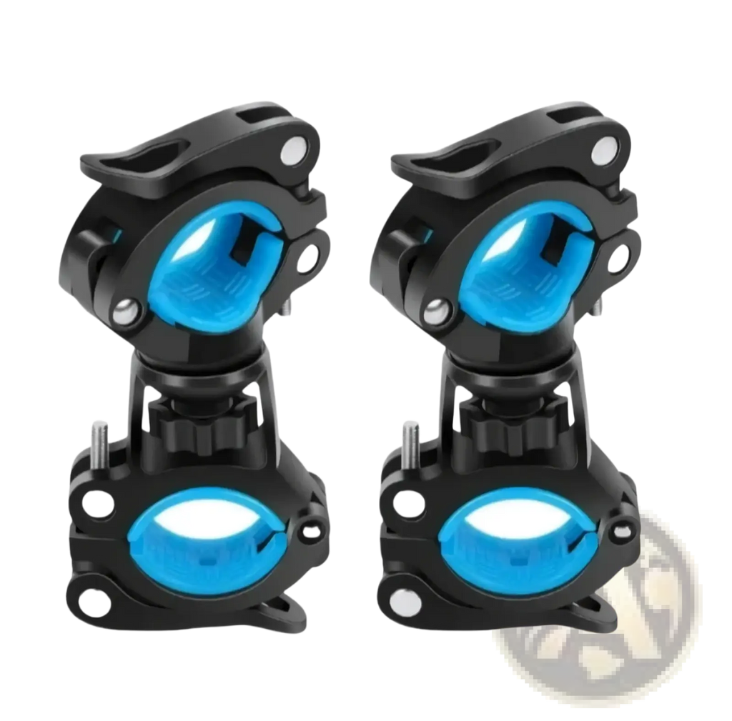 Rotatable bicycle flashlight mount holder with black and blue adjustable handlebar clamps for secure attachment