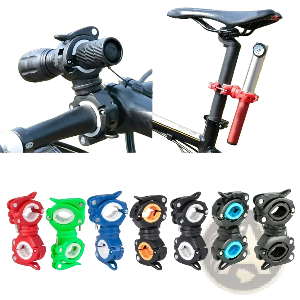 Rotatable bicycle flashlight mount holder with adjustable clamps in red green blue black and teal plastic colors