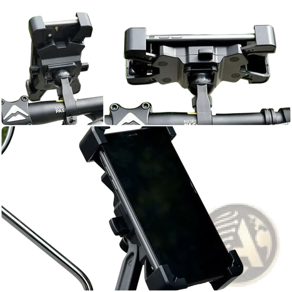 Black plastic rotatable bicycle phone holder mount with adjustable clamps and sturdy base for secure holding
