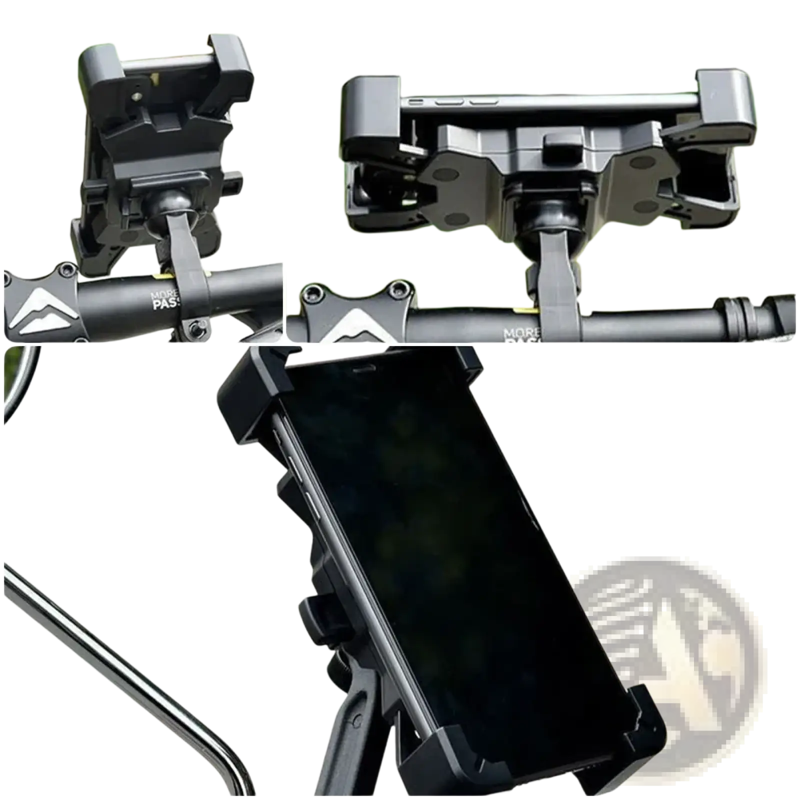 Black plastic rotatable bicycle phone holder mount with adjustable clamps and sturdy base for secure holding