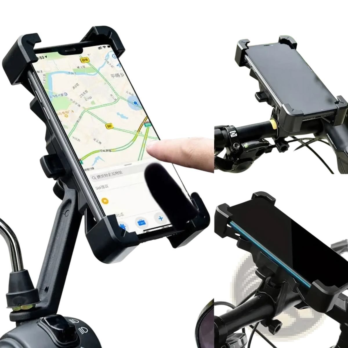 Black plastic rotatable bicycle phone holder mount with adjustable arms and clamps for secure phone attachment