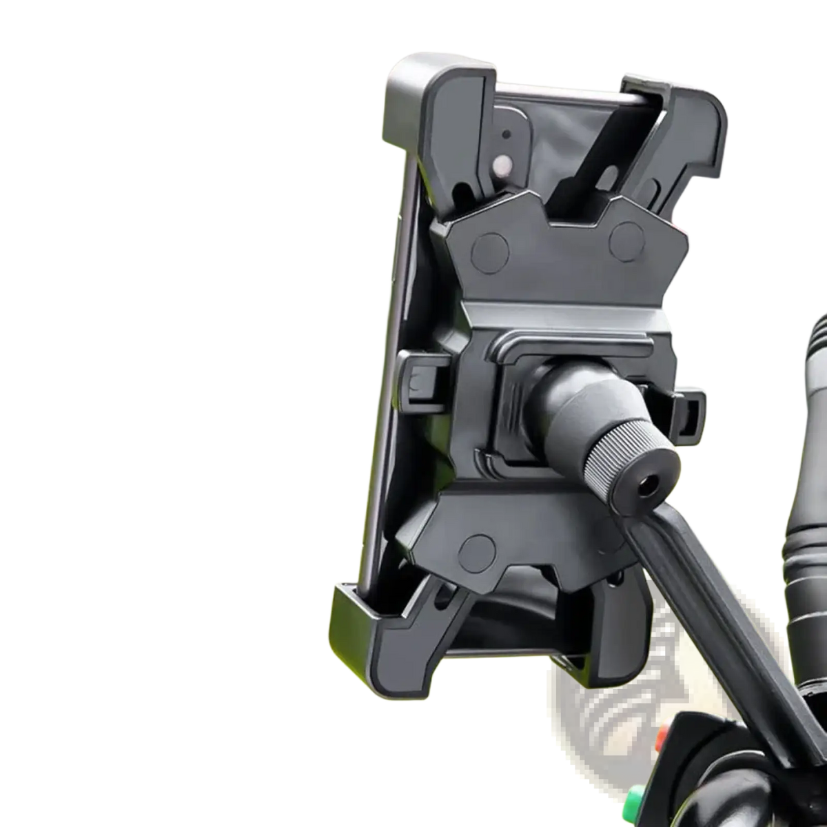 Black plastic rotatable bicycle phone holder mount with adjustable clamp and rotating arm for secure attachment