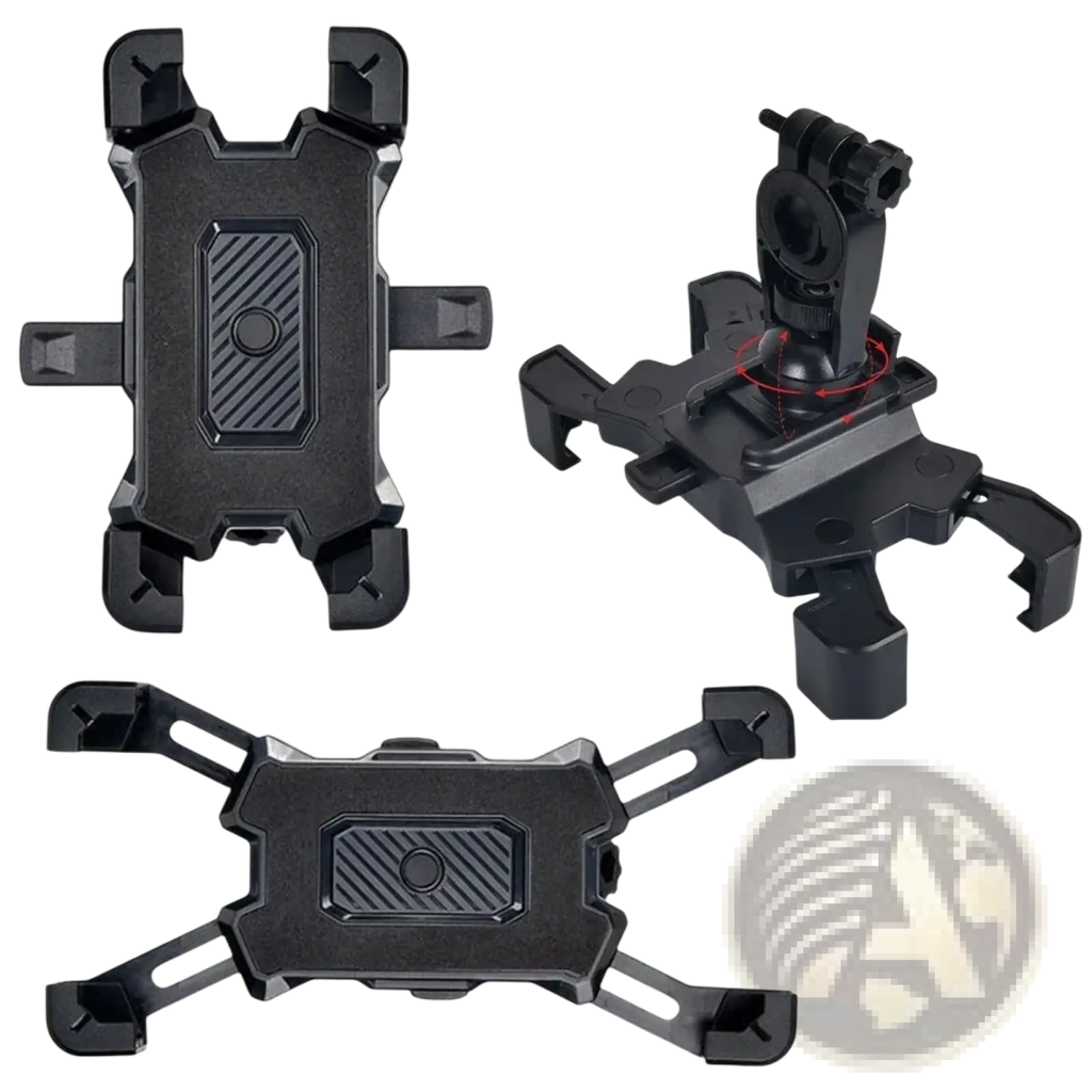 Black plastic rotatable bicycle phone holder mount with 360-degree rotation and adjustable inclination angle