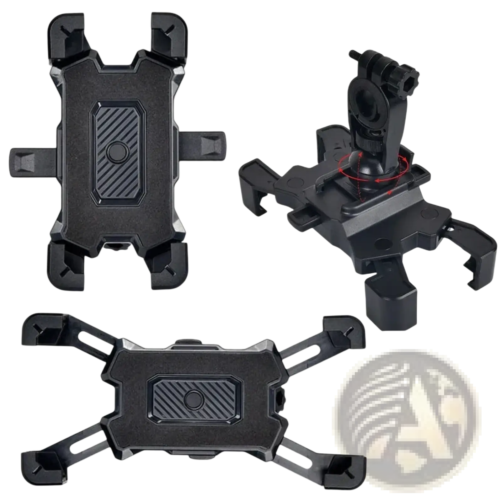 Black plastic rotatable bicycle phone holder mount with 360-degree rotation and adjustable inclination angle