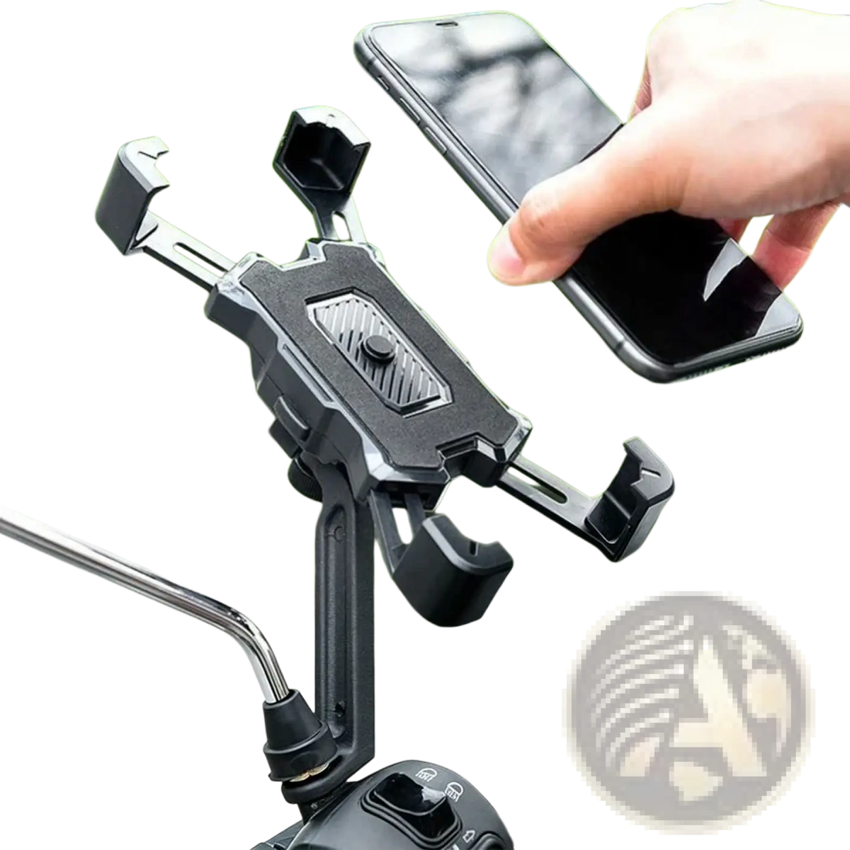 Black plastic rotatable bicycle phone holder mount with adjustable arms and central button for securing an iPhone