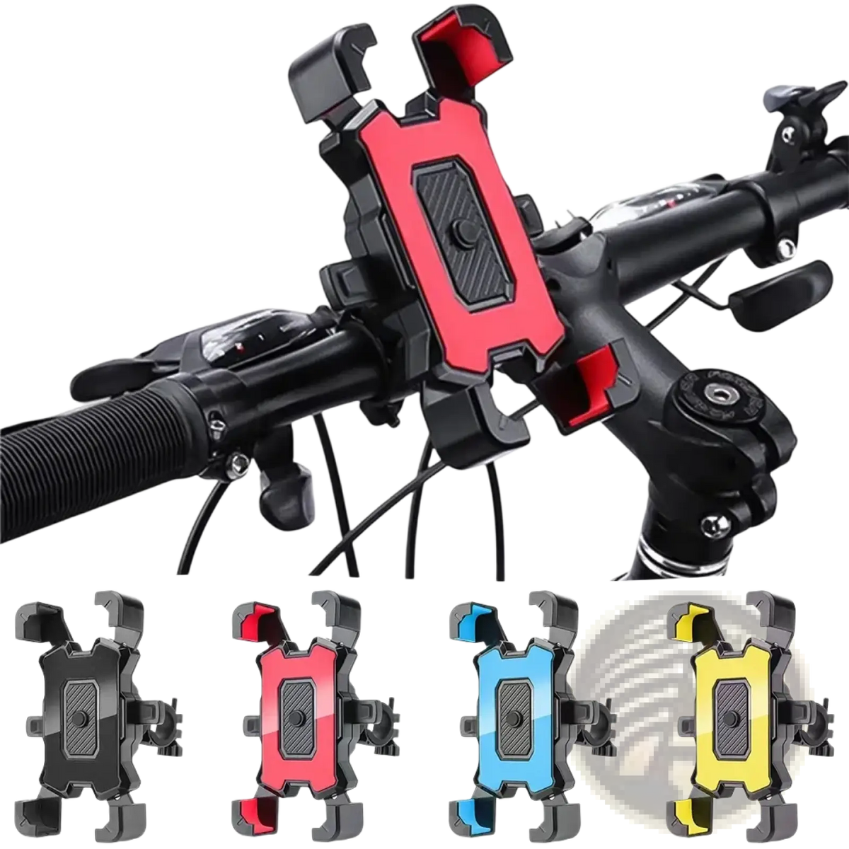 Rotatable bicycle phone holder mount in red and black with a textured central panel on the back side