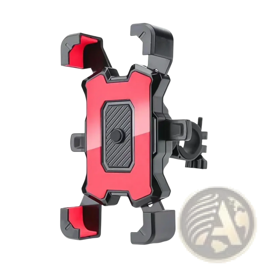 Rotatable bicycle phone holder mount with a rugged angular design in red and black for secure motorcycle use