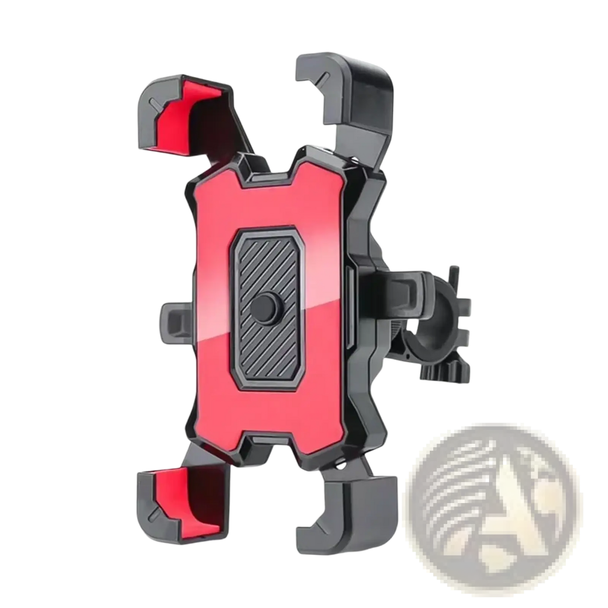 Rotatable bicycle phone holder mount with a rugged angular design in red and black for secure motorcycle use