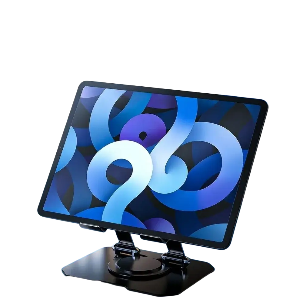 Black rotatable tablet stand adjustable foldable with 360-degree rotation for versatile device positioning