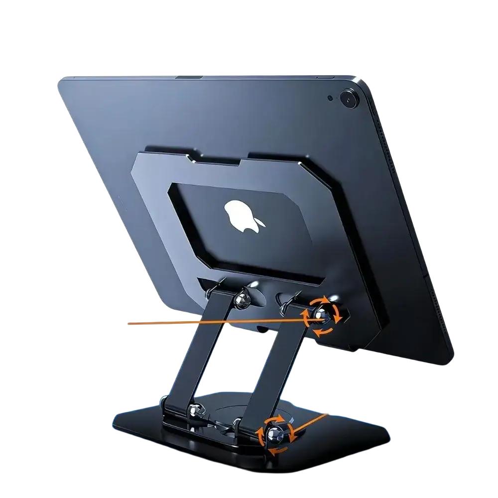 Black rotatable tablet stand with dual-axis rotating joints, adjustable foldable design for versatile use