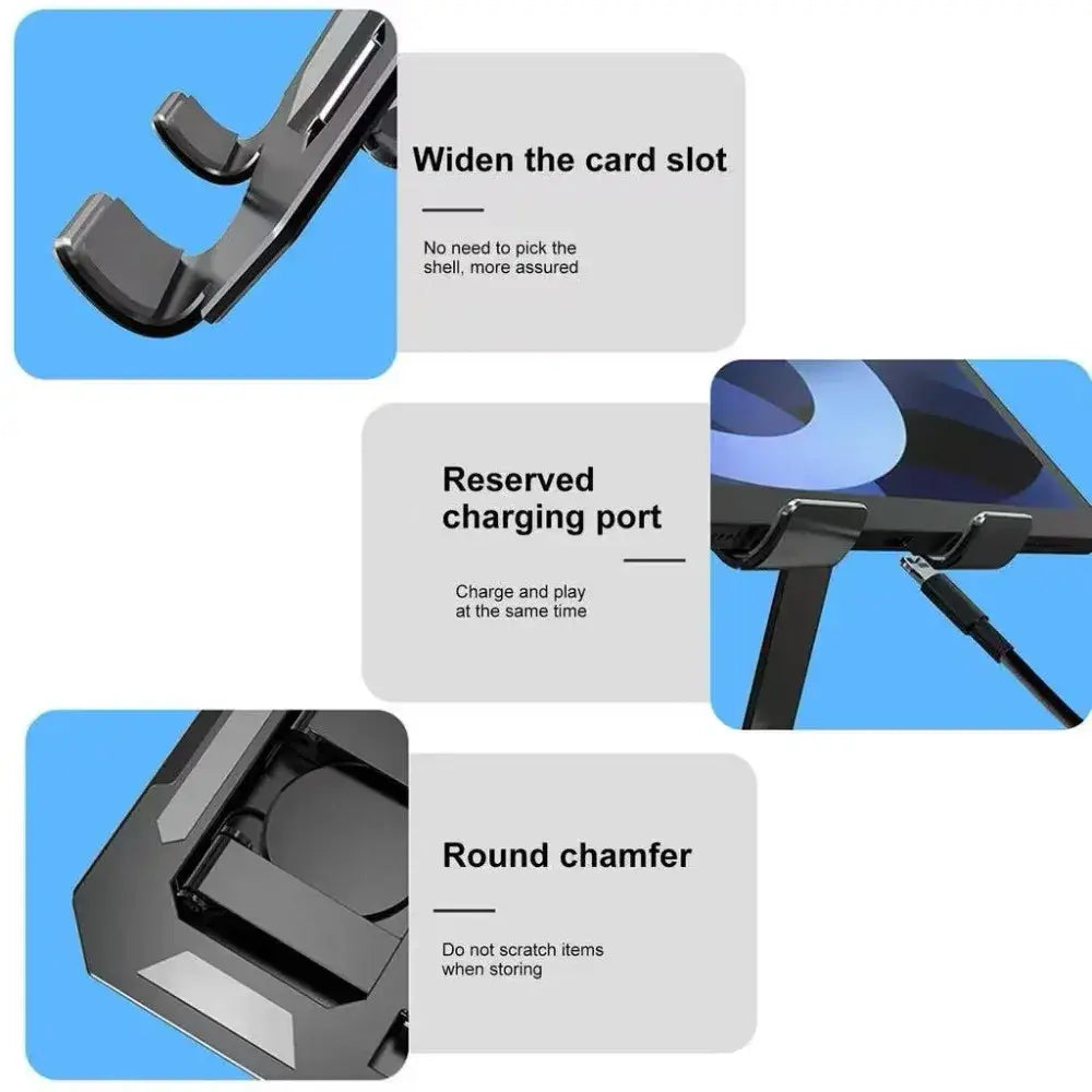 Black rotatable tablet stand with magnetic holder, wide card slot, reserved charging port, and round chamfered edges