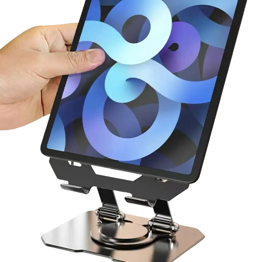 Black metal rotatable tablet stand with adjustable foldable legs and a circular base for stable device support
