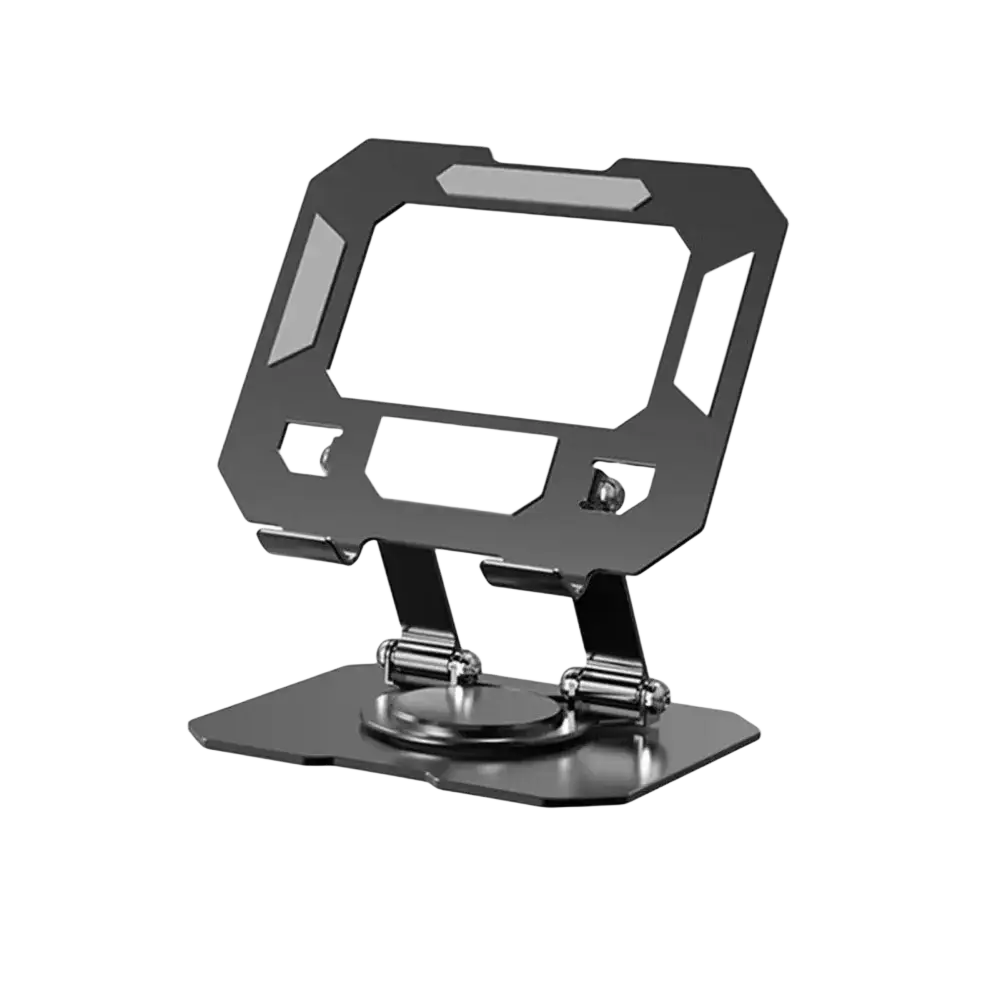 Black metal rotatable tablet stand with sleek angular design and adjustable foldable legs for versatile use