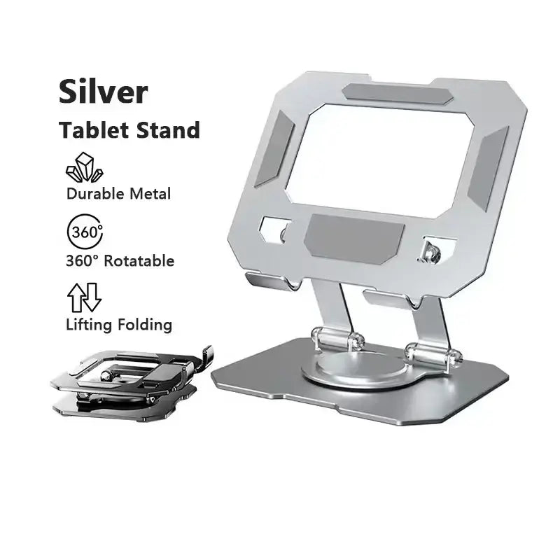 Silver rotatable tablet stand made of durable metal with adjustable foldable lifting design for versatile use