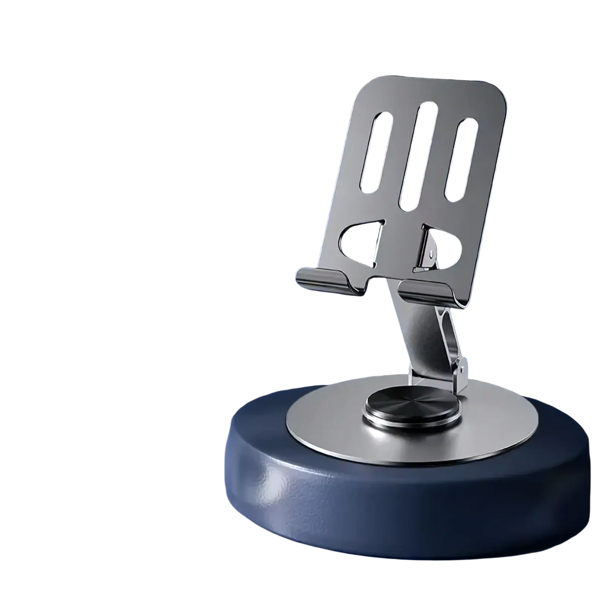 Black metallic rotating aluminum tablet and phone stand with sleek minimalist design and adjustable angles