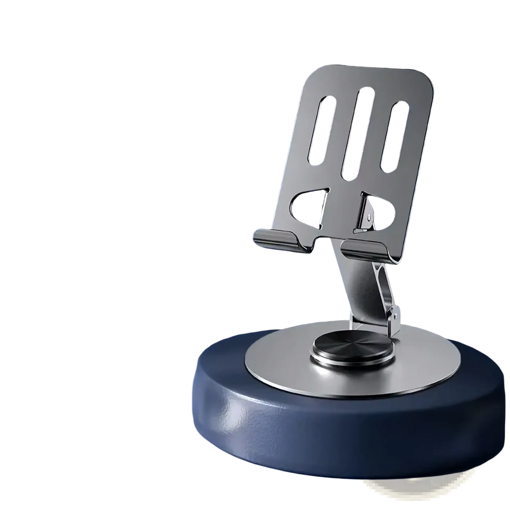Black metallic rotating aluminum tablet and phone stand with sleek minimalist design and adjustable angles