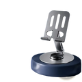 Black metallic rotating aluminum tablet and phone stand with sleek minimalist design and adjustable angles
