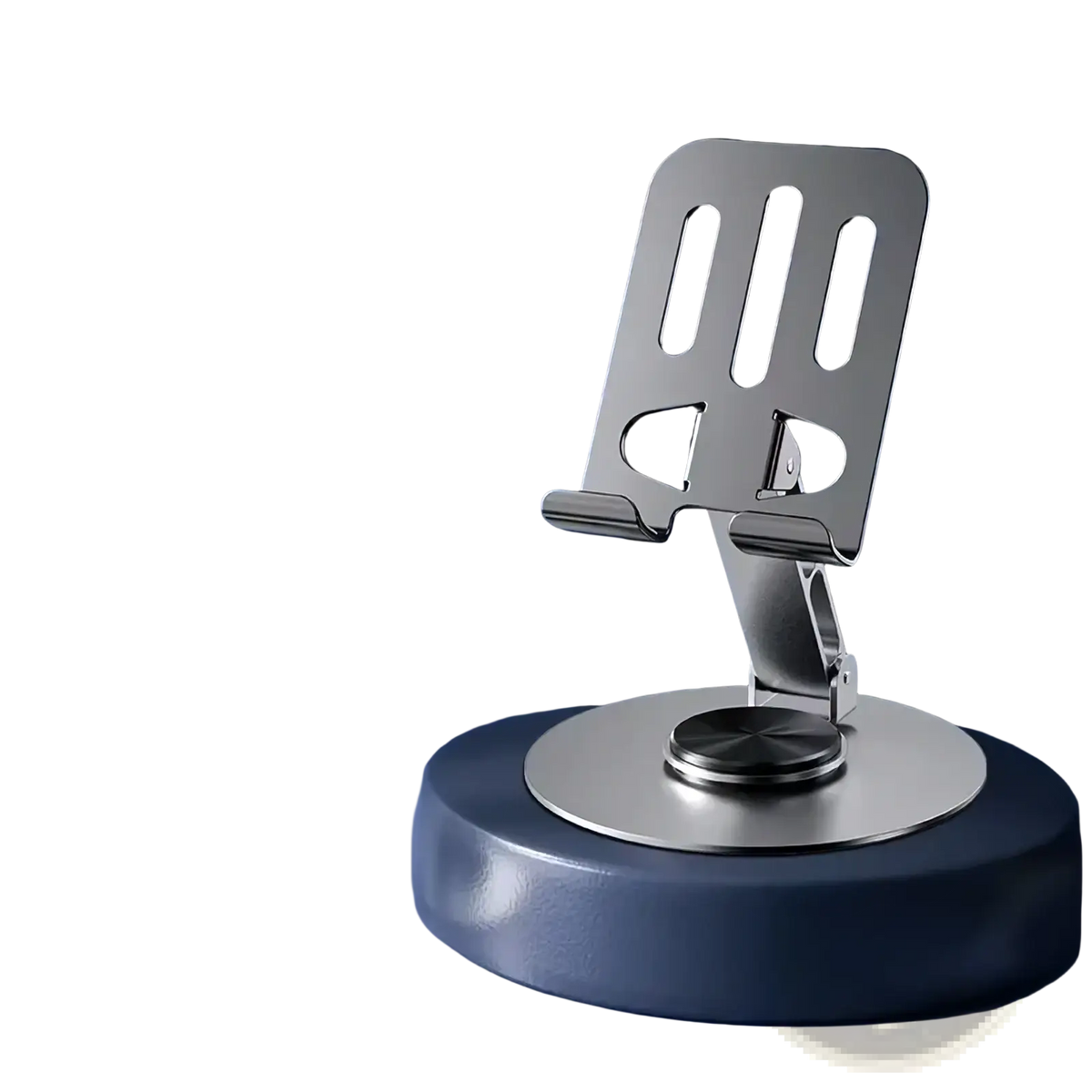 Black metallic rotating aluminum tablet and phone stand with sleek minimalist design and adjustable angles
