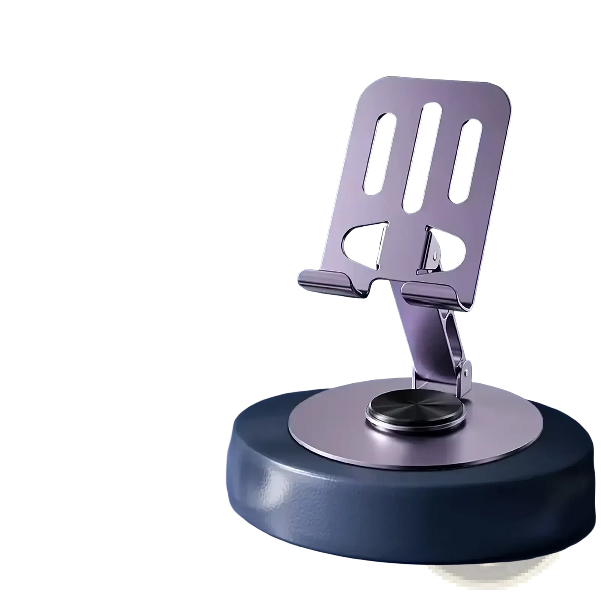 Purple metallic rotating aluminum phone stand with sleek minimalist design and adjustable angles for tablets and phones