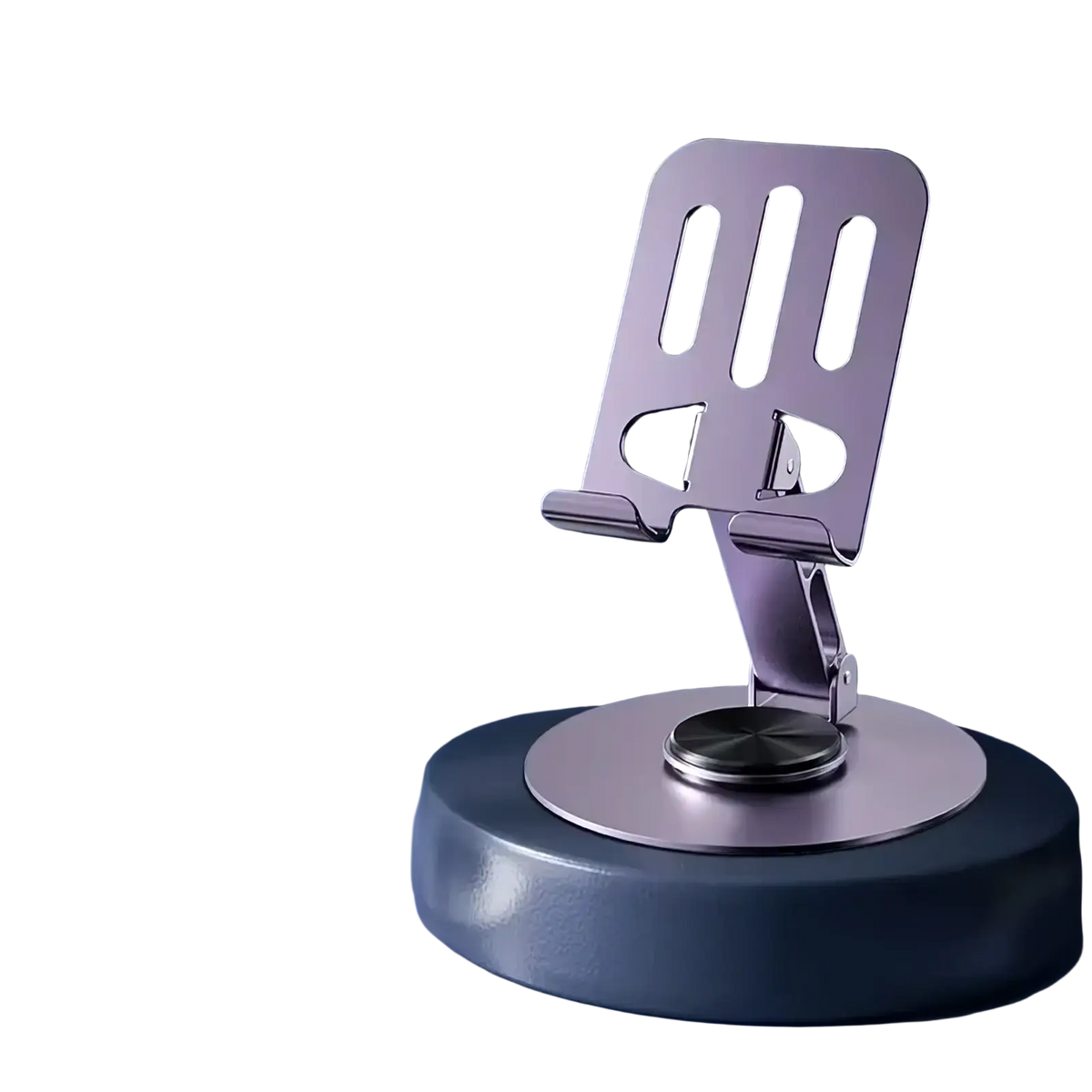 Purple metallic rotating aluminum phone stand with sleek minimalist design and adjustable angles for tablets and phones