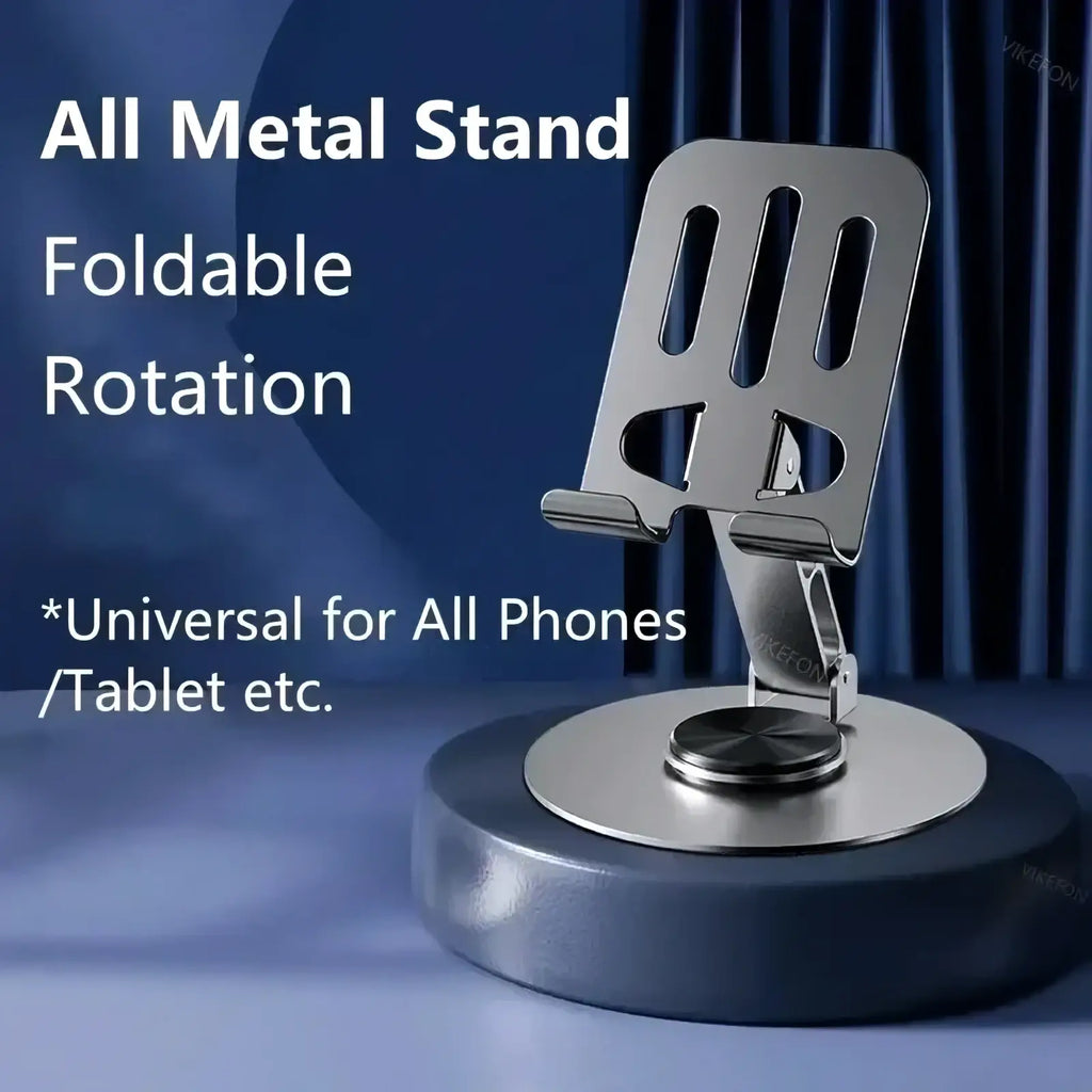 Silver all-metal foldable rotating aluminum tablet and phone stand with universal design for various devices