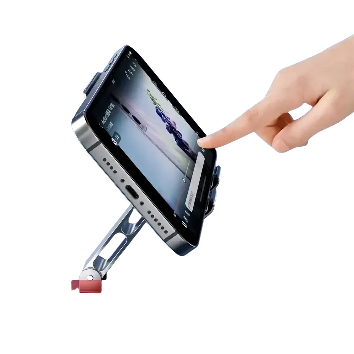 Silver metallic rotating aluminum tablet and phone stand with adjustable arm holding a smartphone