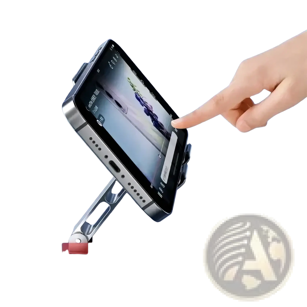 Silver metallic rotating aluminum tablet and phone stand with adjustable arm holding a smartphone