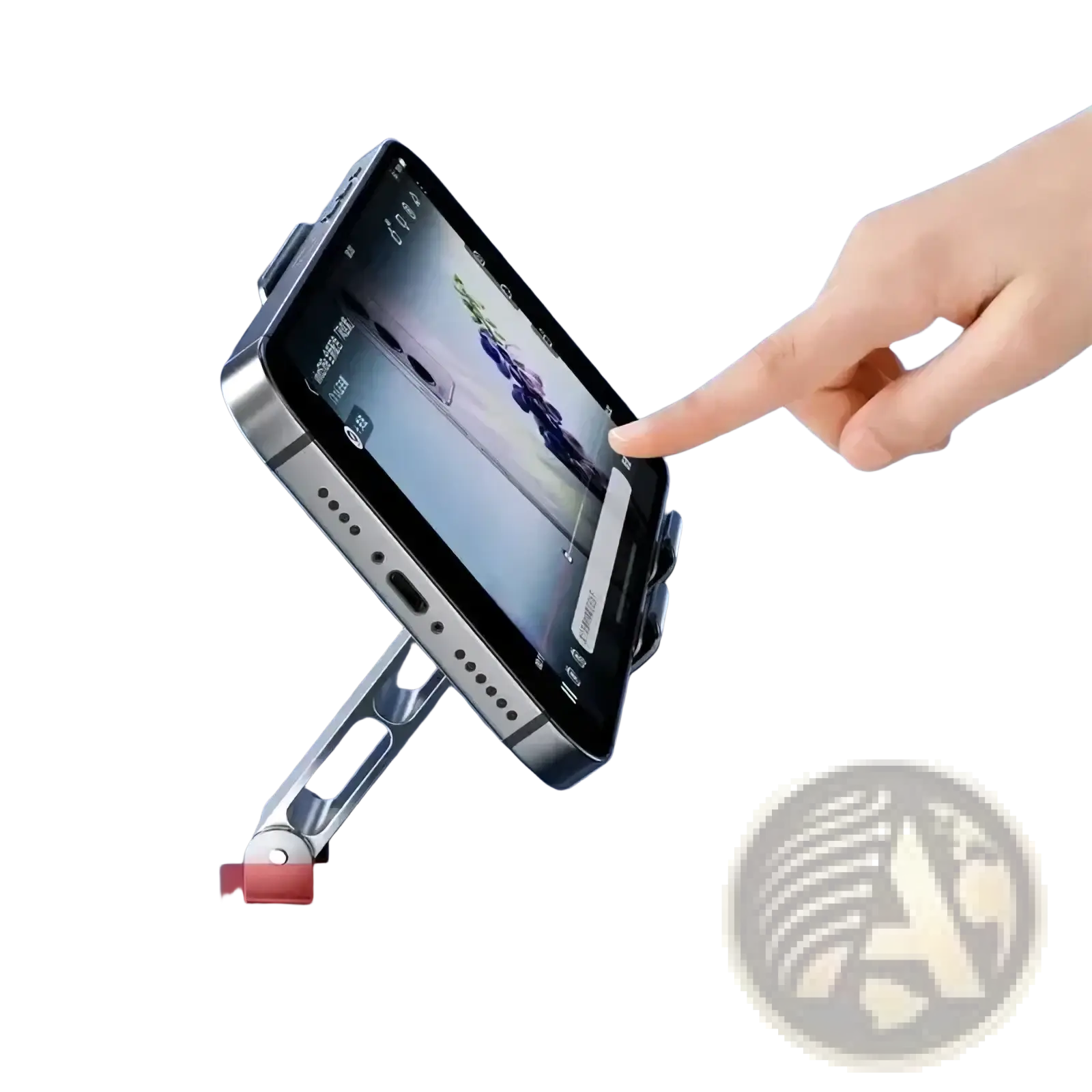 Silver metallic rotating aluminum tablet and phone stand with adjustable arm holding a smartphone