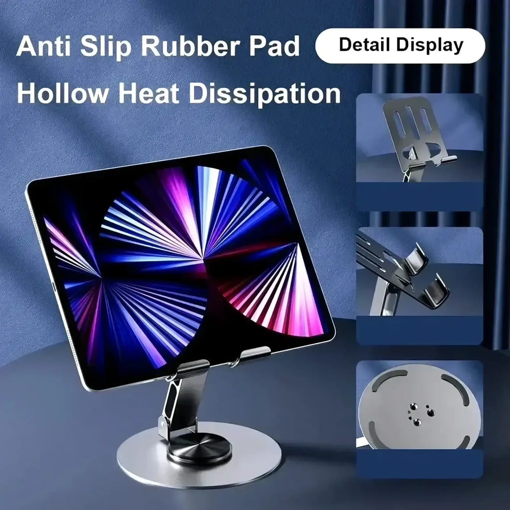 Silver metallic rotating aluminum tablet and phone stand with anti-slip rubber pad and hollow heat dissipation design