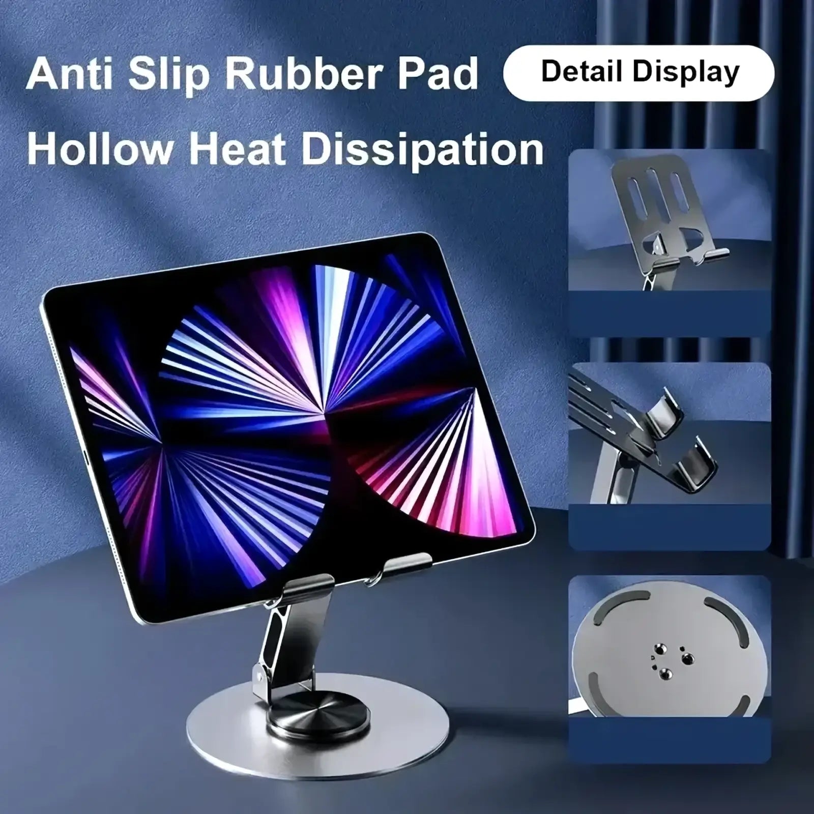 Silver metallic rotating aluminum tablet and phone stand with anti-slip rubber pad and hollow heat dissipation design