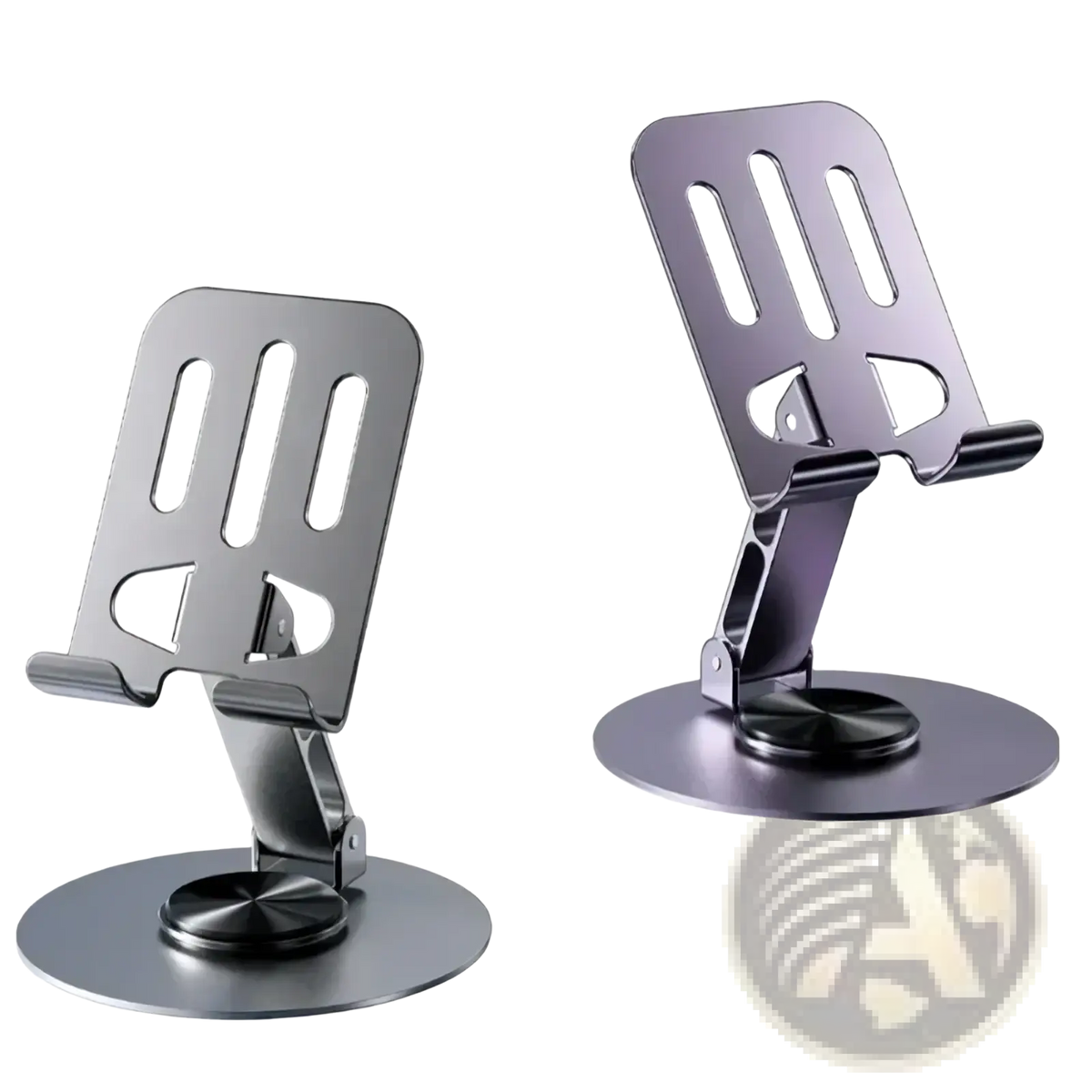 Silver metallic rotating aluminum tablet and phone stand with sleek minimalist design and circular base