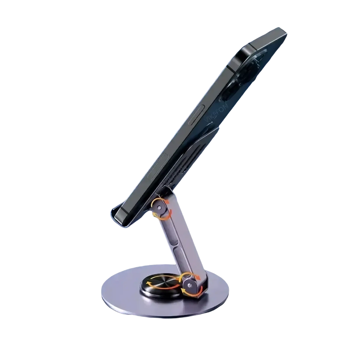 Silver metallic rotating aluminum tablet and phone stand with three-axis 720-degree rotation for ergonomic viewing
