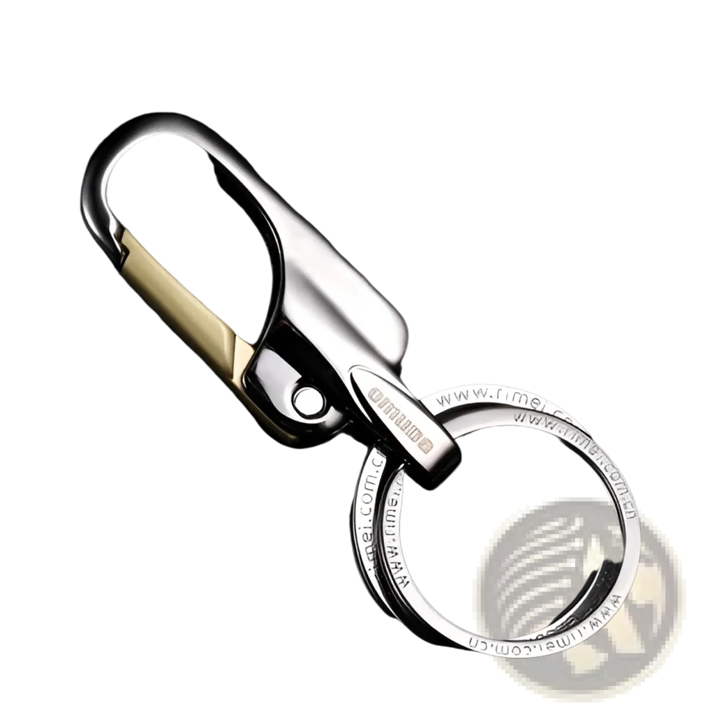 Silver and gold-tone rotating car keychain stainless steel key ring with omuda brand name engraved on carabiner clip