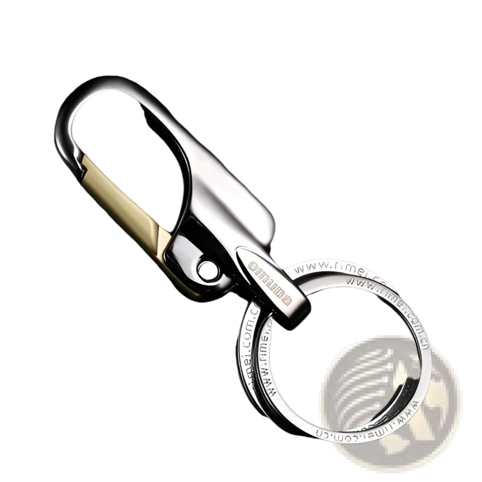 Silver and gold-tone rotating car keychain stainless steel key ring with omuda brand name engraved on carabiner clip