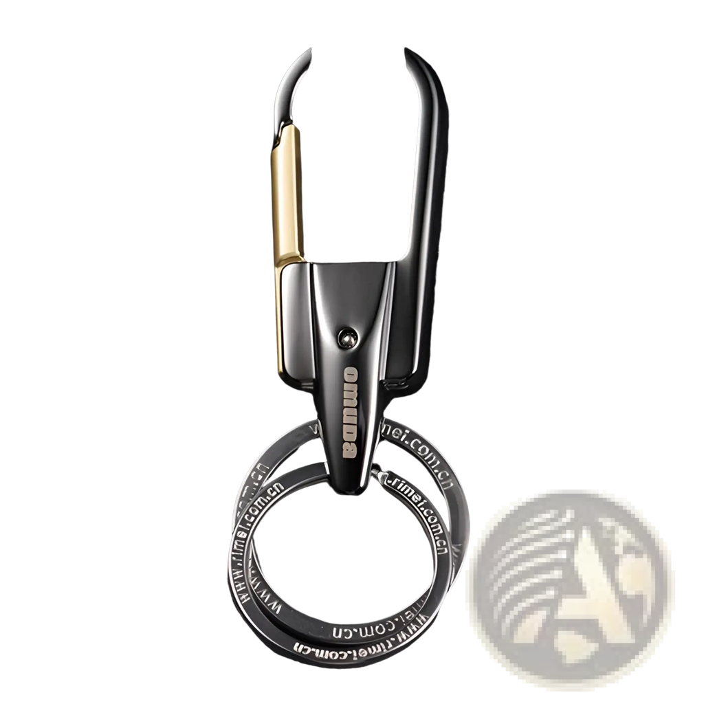 Rotating car keychain featuring black and gold metal carabiner with two interlocking stainless steel key rings