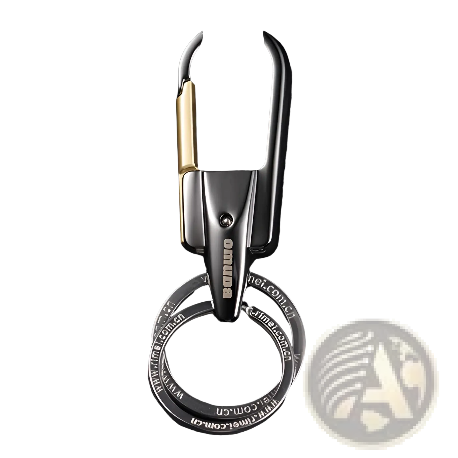 Rotating car keychain featuring black and gold metal carabiner with two interlocking stainless steel key rings
