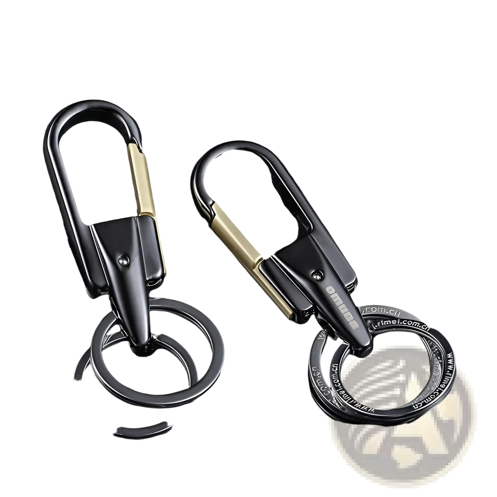 Rotating car keychain stainless steel key ring in black and gold metal with a sleek modern design