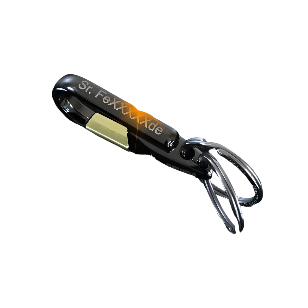 Rotating car keychain stainless steel key ring in black and silver with laser pointer emitting orange beam and engraved text sr