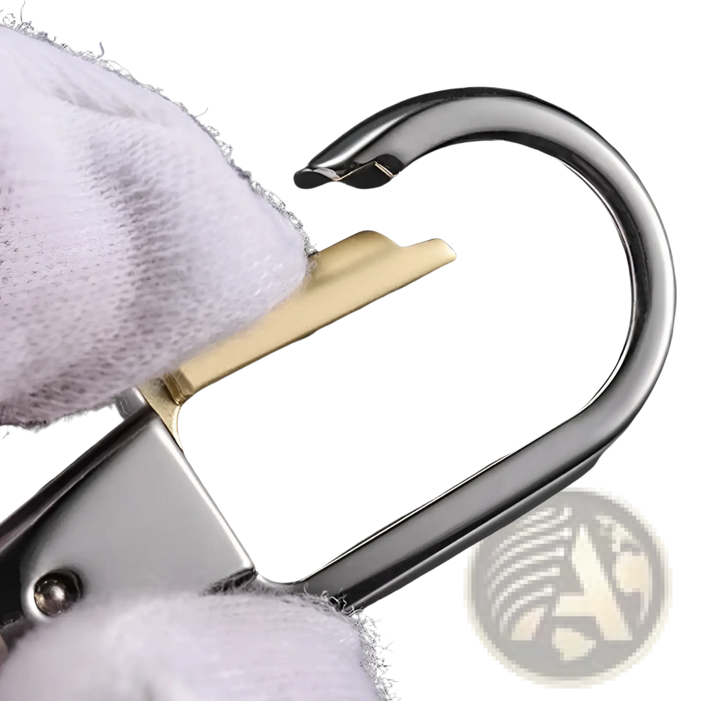 Rotating stainless steel car keychain featuring a shiny black carabiner with a gold-tone attachment