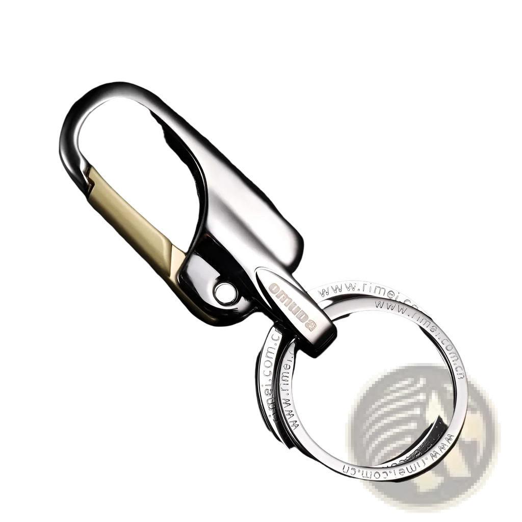 Silver and gold-tone rotating car keychain made of stainless steel with an engraved brand name and modern design