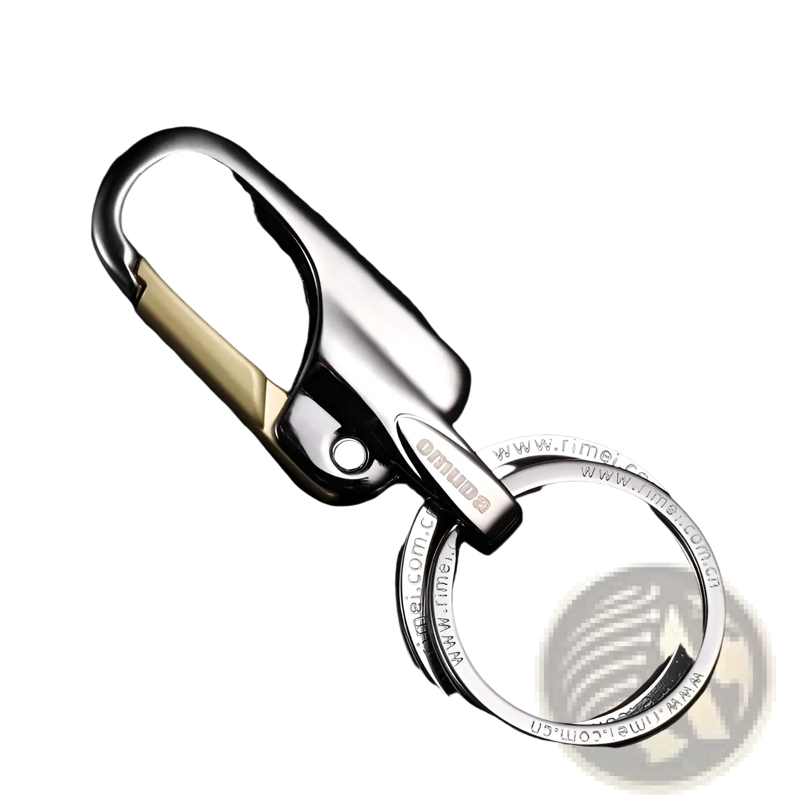 Silver and gold-tone rotating car keychain made of stainless steel with an engraved brand name and modern design