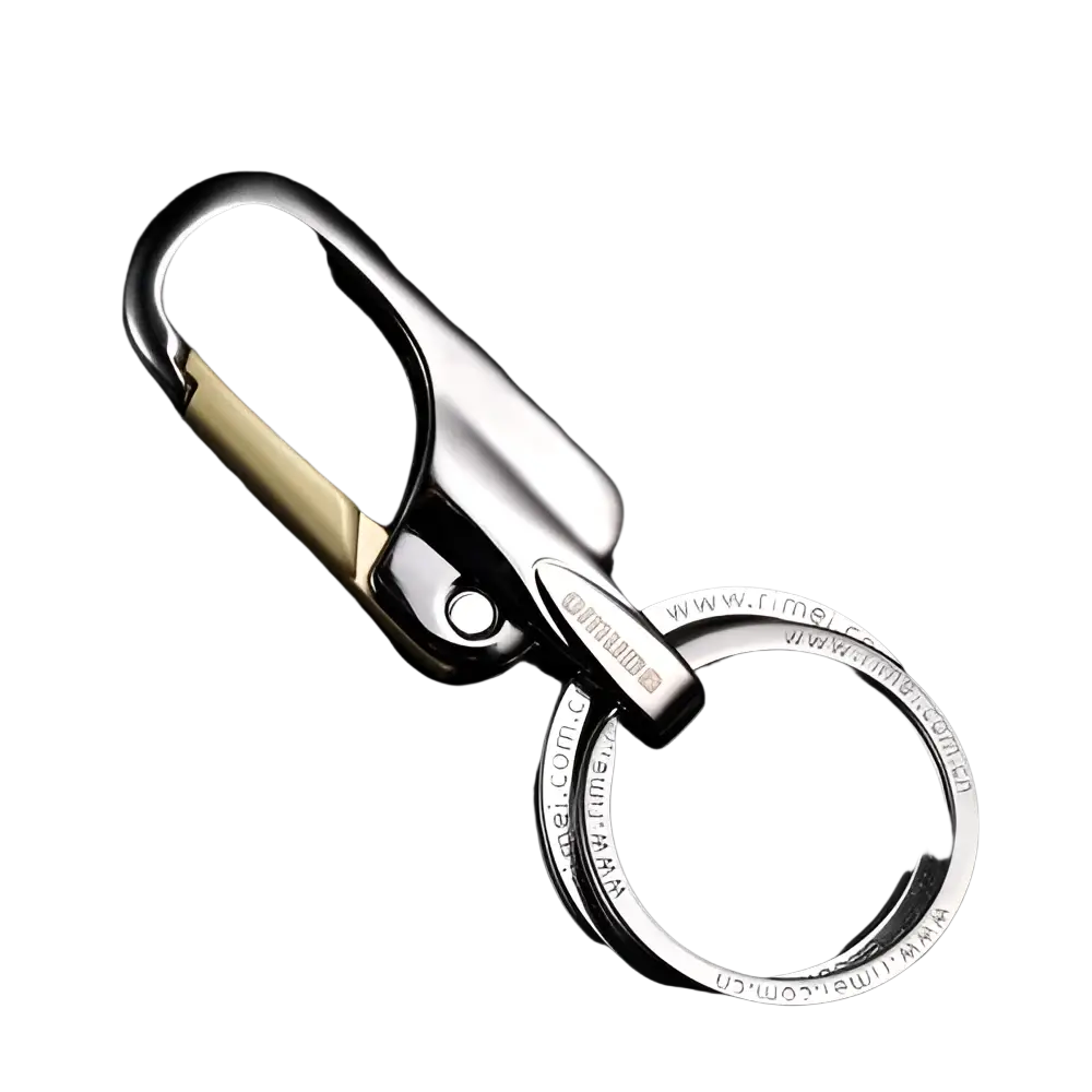Silver and gold-tone rotating car keychain stainless steel key ring with omuda brand name engraved on carabiner clip
