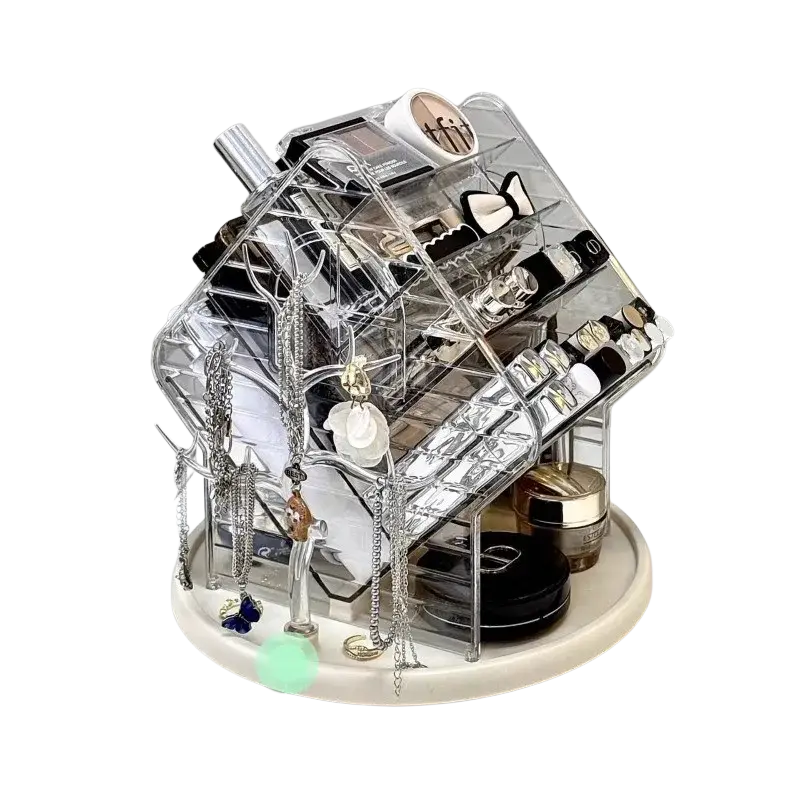 Rotating clear acrylic makeup organizer with labeled compartments for concealers lipsticks and face cream storage