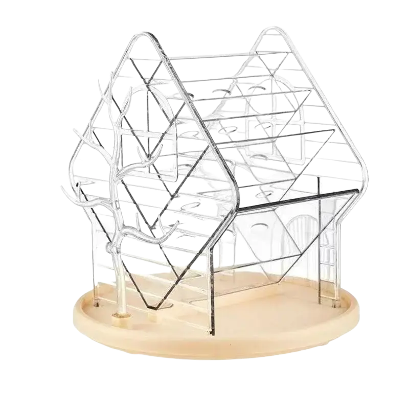 Rotating clear acrylic makeup organizer in house shape with wooden base for stylish cosmetic storage