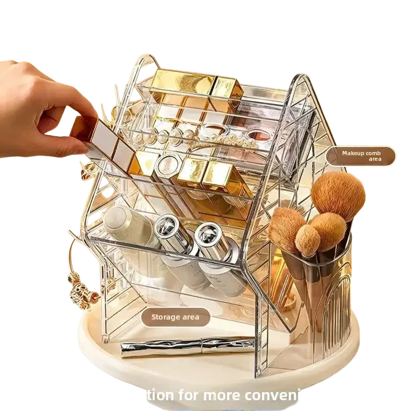 Rotating clear acrylic makeup organizer with multi compartments and labeled sections for lipstick skincare jewelry and brushes