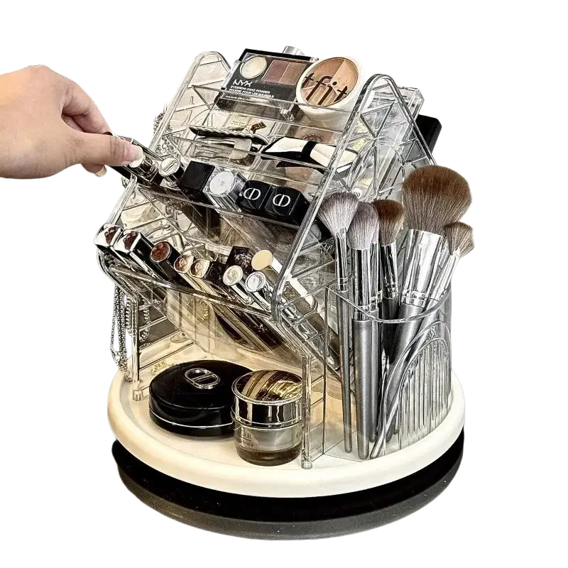 Rotating clear acrylic makeup organizer with multi-tiered design and compartments for brushes lipsticks and cosmetics