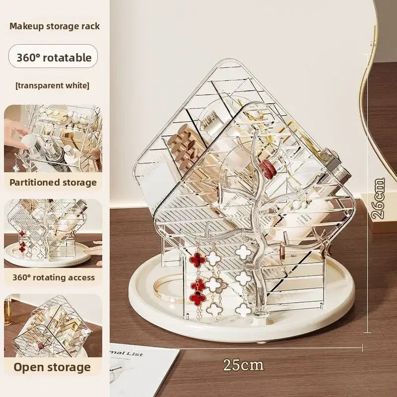 Rotating clear acrylic makeup organizer with a transparent white 360-degree rotatable tree-shaped design and compartments
